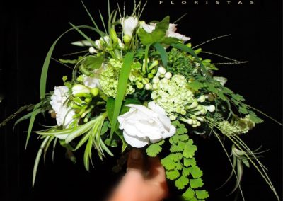 Bridal bouquet, wild style. Freesias, Bouvardia, lisiantu, Adiantum, Green Dracena, Grass.