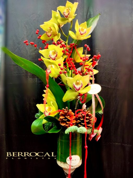 Rama de Orquídea Cymbidium en copa de cristal. Con piñas y decoración navideña.