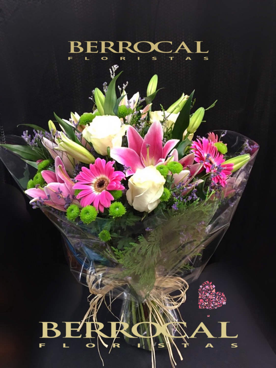R-06 Pink and white bouquet, with stargazer Lilies, white roses, gerberas,  daisies and greens